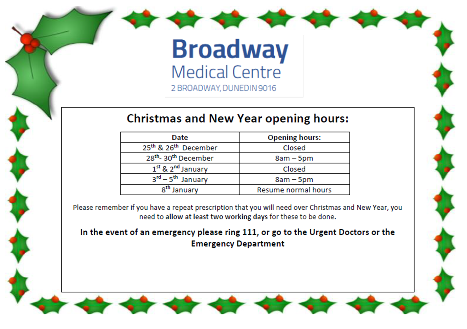 Christmas and New Year opening hours